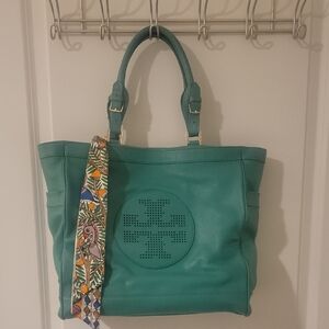 Tory Burch Green Tote with Patterned Scarf